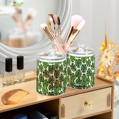ALAZA 4pcs Monstera Leaf Palm Green White Qtip Holder Dispenser 14 oz Bathroom Storage Clear Apothecary Jars Containers Cotton Ball,Cotton Rounds,Floss Picks, Hair Clips, Food