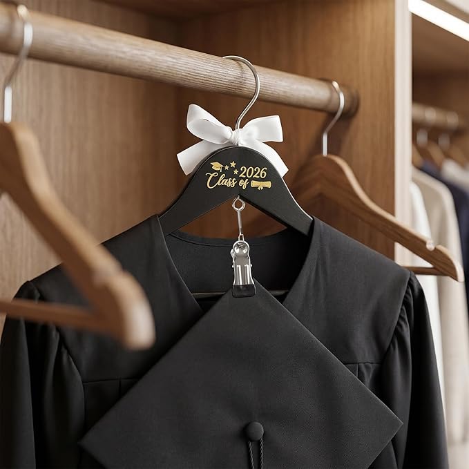 GraduatePro Graduation Cap and Gown Hanger 17.5”with Hook Clip for College and High School Graduates, Graduation Gifts with Class of 2026 Printed for Her and Him, Black