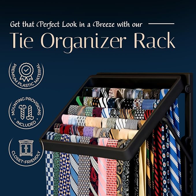 TieMaster Tie Rack and Scarf Organizer, Battery-Free Design, Holds 60 Ties and Scarves with 5 Belt Hooks, Easy Installation, Wall Mounted Tie Organizer, Luxury Gift for Men & Women