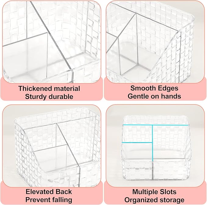 DASITON Makeup Brush Holder Organizer, 4 Slots Acrylic Makeup Brushes Storage Cup, Woven Texture Make Up Brush Holder for Vanity Bathroom Office, Pen Holder for Desk, Cosmetic Display Cases (Clear L)
