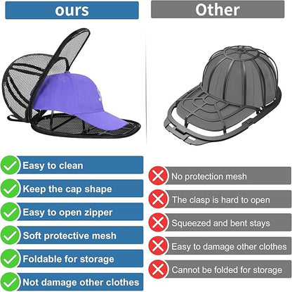 MAGTSMEI Hat Washer Cage, Detachable Folding Plastic Frame & Mesh Bag for Baseball, Wide-Brim Hats, Machine Wash Safe for Sports, Travel, Family Use (Black, 1PC)