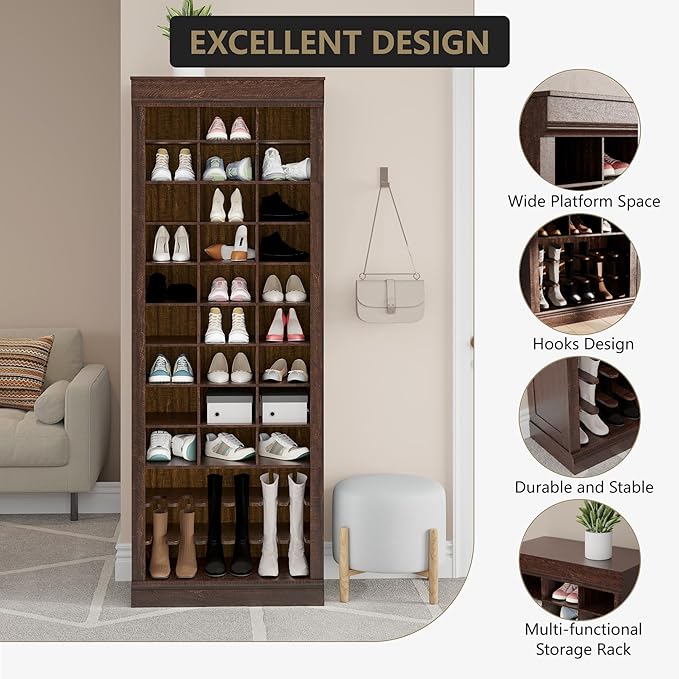 10-Tier Shoe Storage Cabinet, Freestanding Wooden Shoe Rack with Cubbies, Farmhouse Tall Shoes Cubby Organizer for Entryway, Mudrooms, Living Room