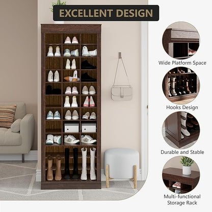 10-Tier Shoe Storage Cabinet, Freestanding Wooden Shoe Rack with Cubbies, Farmhouse Tall Shoes Cubby Organizer for Entryway, Mudrooms, Living Room