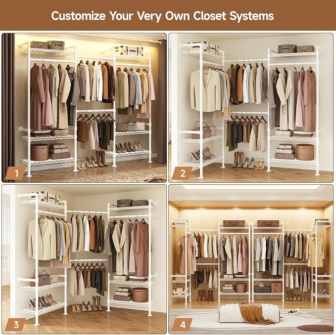 Wall-Mounted 3-Section Closet System, Expandable Industrial Pipe Clothing Rack with 4 Telescopic Rods & 6 Mesh Shelves, Heavy Duty Garment Organizer for Walk-In Closets & Bedrooms, White