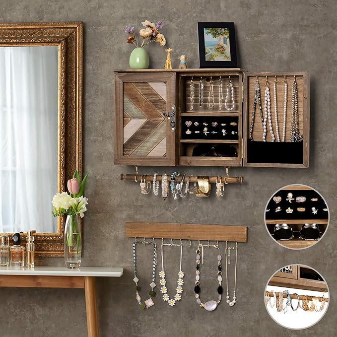 ikkle Wooden Jewelry Organizer Wall Mounted, Hanging Jewelry Holder with Removable Bracelet Rod and Hooks for Necklaces Earrings Bracelets Rings, Brown