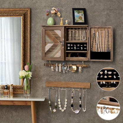 ikkle Wooden Jewelry Organizer Wall Mounted, Hanging Jewelry Holder with Removable Bracelet Rod and Hooks for Necklaces Earrings Bracelets Rings, Brown