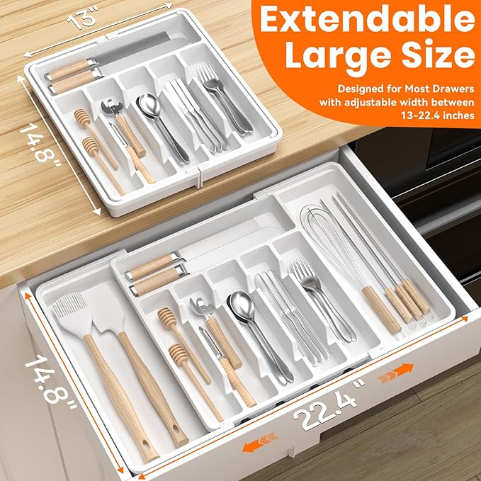RoomHacks Large Silverware Organizer,Expandable Utensil Drawer Organizer,BPA Free Utensil Holder,Adjustable Silverware Tray Cutlery Drawer Organizer for Kitchen Flatware,Large,White,2 Pack