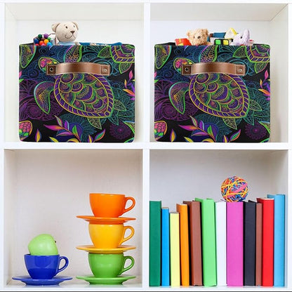 Large Storage Basket Bin Mandala Sea Turtle Storage Cube Box Foldable Canvas Fabric Collapsible Organizer with Handles for Home Office Closet, 2PCS