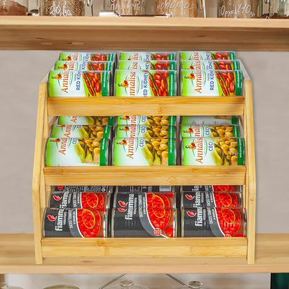 MinBoo Bamboo Can Rack Organizer, 3 Tier Stackable Can Storage Dispenser, for Food Storage,Canned Goods Organizer for Kitchen Cabinets or Pantry,Storage for 36 Cans