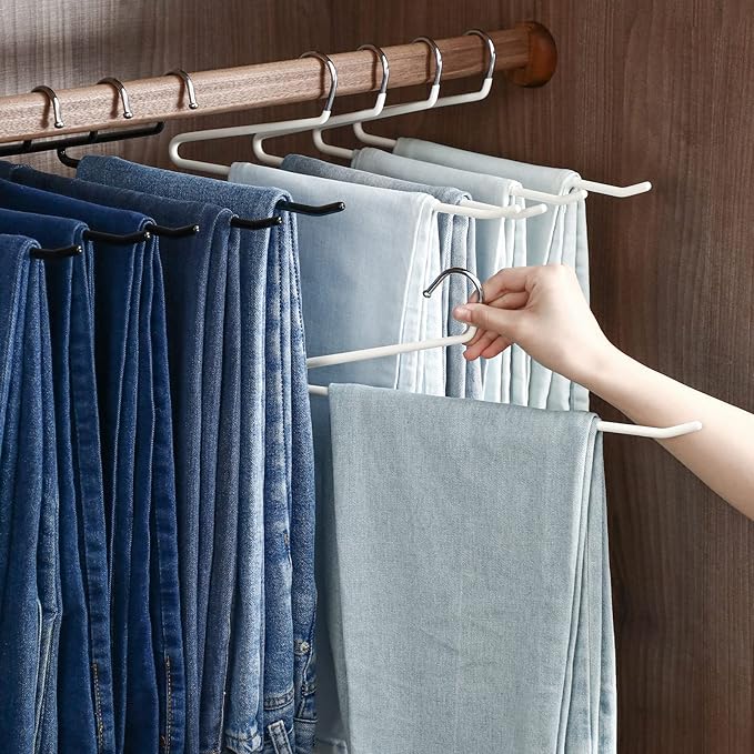 SHIMOYAMA Open Ended Pants Hangers, 5 Pack, Single Rod Trouser/Slack Hangers, Semi-Open Space-Saving Pant Hanger for Jeans, White
