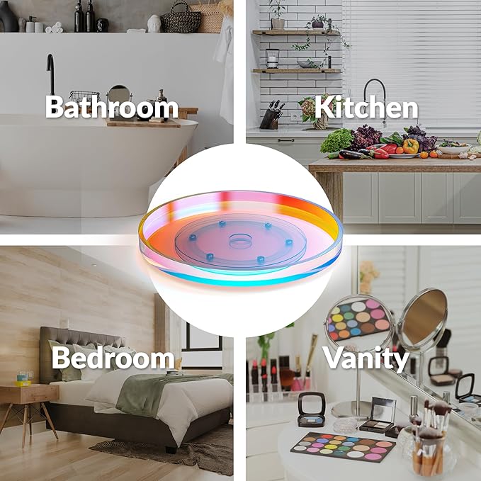 NiHome 9 Inch Turntable Acrylic Vanity Organizer Tray for Condiments Cosmetics, Multipurpose Non-Slip Decorative Tray Organizer for Kitchen Bathroom Living Space, Modern Minimalist Design(Iridescent)