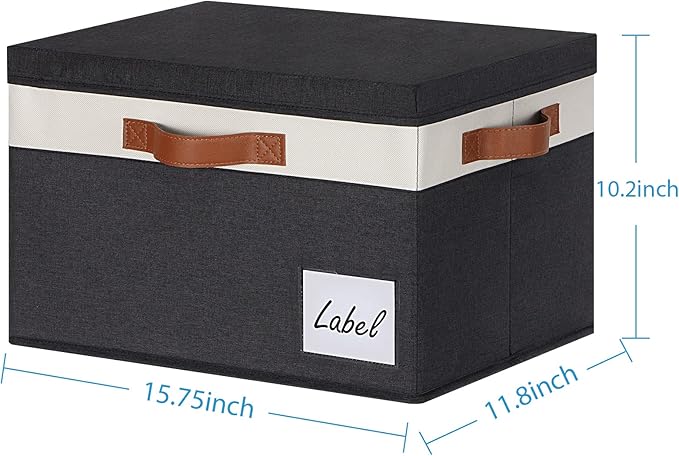 Extra Large Storage Bins with Lids, Foldable Fabric Storage Baskets with Lids, Sturdy Storage Boxes with Labels and 3 PU Handles for Closet Home Bedroom Office (32L, 3 Packs, Black&White)
