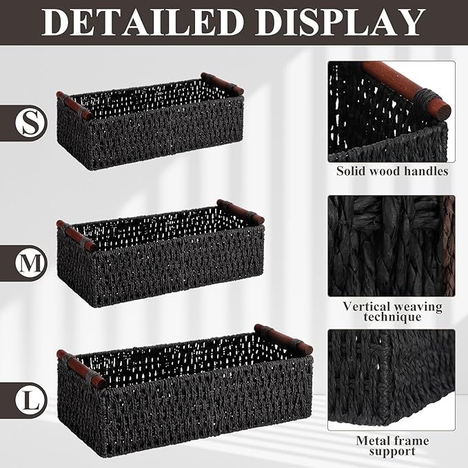 Boao 3 Pcs Boho Storage Wicker Baskets Handmade Woven Decorative Paper Rope Baskets for Organizing with Handle Countertop Toilet Paper Storage Container for Toilet Tank Top(Black,Rectangle)
