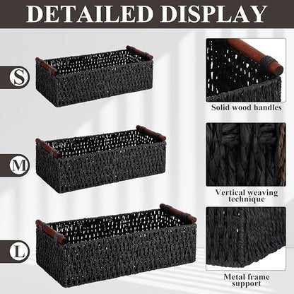 Boao 3 Pcs Boho Storage Wicker Baskets Handmade Woven Decorative Paper Rope Baskets for Organizing with Handle Countertop Toilet Paper Storage Container for Toilet Tank Top(Black,Rectangle)