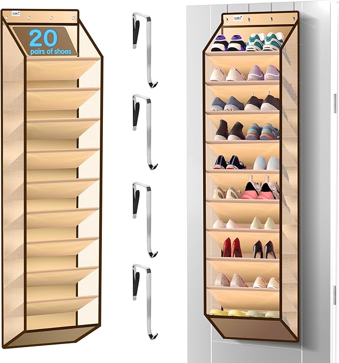 Kotkn 10 Tier Over The Door Organizer - Heavy Duty Hanging Storage Rack with Sturdy Oxford Fabric, Holds 20+ Pairs of Footwear, Boots & Sneakers, Saves 50% Closet Space(Beige)
