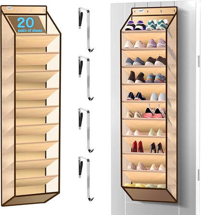 Kotkn 10 Tier Over The Door Organizer - Heavy Duty Hanging Storage Rack with Sturdy Oxford Fabric, Holds 20+ Pairs of Footwear, Boots & Sneakers, Saves 50% Closet Space(Beige)