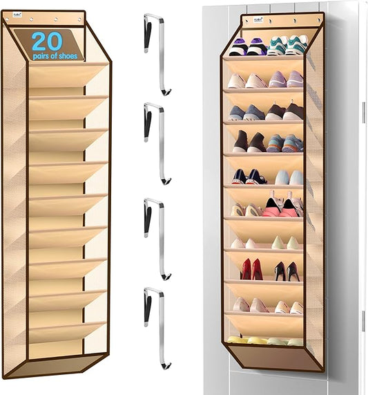 Kotkn 10 Tier Over The Door Organizer - Heavy Duty Hanging Storage Rack with Sturdy Oxford Fabric, Holds 20+ Pairs of Footwear, Boots & Sneakers, Saves 50% Closet Space(Beige)
