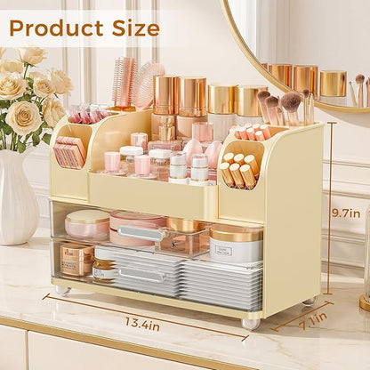 Makeup Organizer for Vanity with Brush Holder, Large Bathroom Countertop Organizer & Skincare Storage | Perfume, Cosmetics Display Case with Drawers (Cream White)