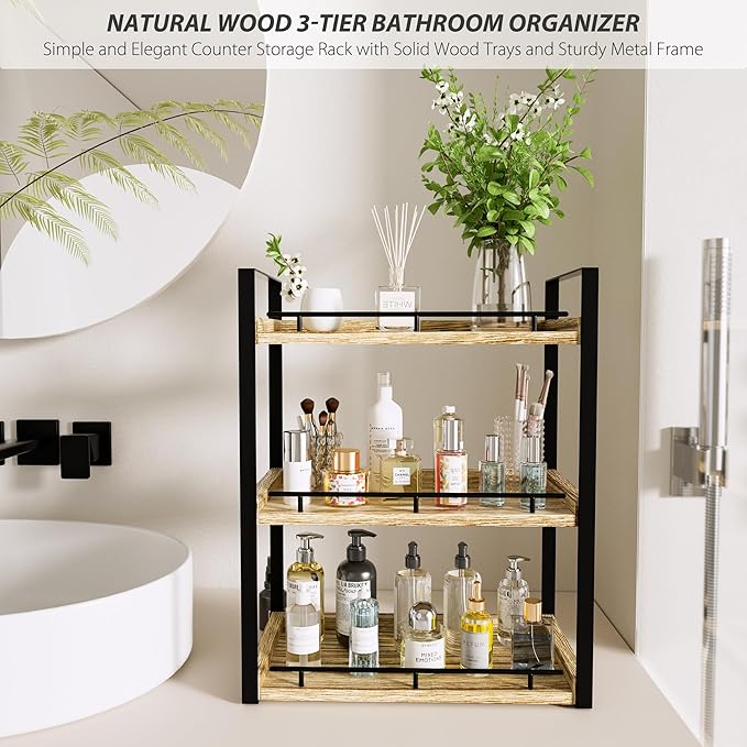 Bathroom Counter Organizer, 3 Tier Wood Countertop Shelf for Vanity, Skincare, Makeup, Kitchen Coffee and Sink Storage, with Durable Metal Bracket (Rustic Brown)