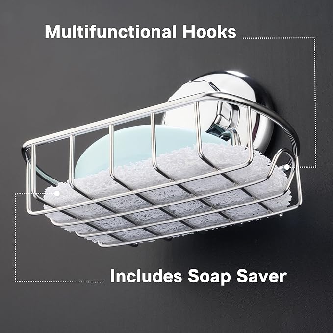 HASKO Suction Soap Dish with Hooks | Powerful Vacuum Suction Cup Soap Holder | Soap Basket Holder for Bathroom & Kitchen (Polished Stainless Steel SS304)