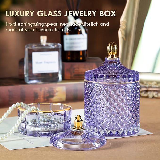 ALAMHI Candy Dish Glass Cookie Jar with Lid Candy Bowl for Office Desk Decor, Apothecary Jars Purple Bathroom Accessories Cute Room Decor Aesthetic, Q Tip Holder Decorative Glass Jewelry Box (20oz)