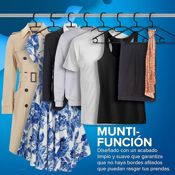 PORTENTUM Pack of 10 Plastic Hangers for All Types of Clothes – 100% Recycled Plastic - 360º Swivel Hook - Space Saving - Accessory Holder - Hooks for Dresses and Blouses - Black - Made in Spain