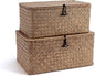 Nonam Storage Basket with Lid, Natural Seagrass Bin with Lid Set of 2, Shelf Baskets Multipurpose Container for Boho Decoration, Rectangular Household Storage Boxes for Home Organization-Coffee