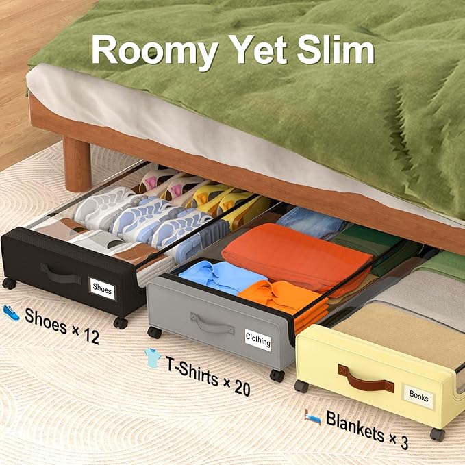GoMaihe Under Bed Storage with Wheels: 48L Underbed Storage Containers with Lids - Rolling Bins for Shoes Clothes in Dorm Bedroom - Metal Drawers Easy Pull-out Grey 2-Pack