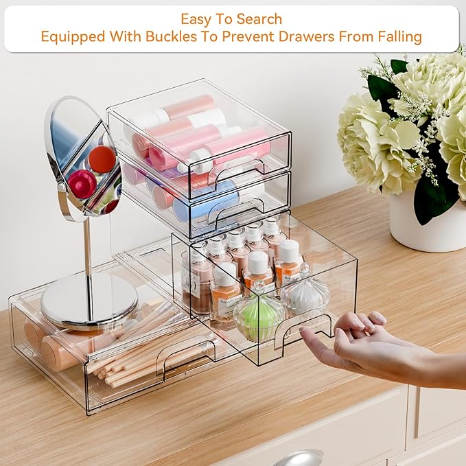 Yieach 4 Pack Clear Stackable Storage Drawers,Acrylic Drawer Organizer for Medicine,Palettes,Hair Accessories and Makeup Organizer,Plastic Drawers for Cabinet,Office,Desk,Bathroom Storage Containers