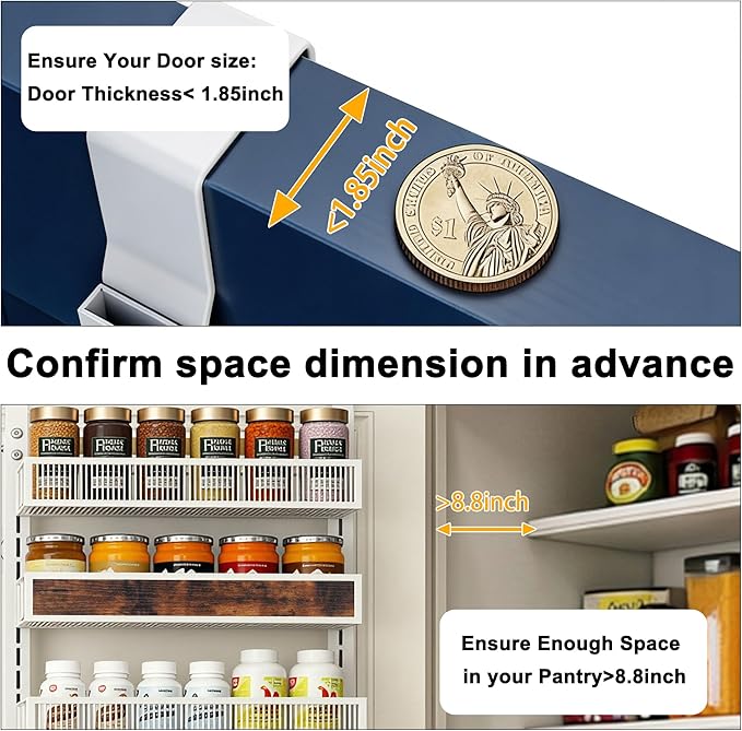 8 Tier Pantry Door Organizer Spice Rack, 2-IN-1 Wall Mount or Hanging Over Door Seasoning Organizer with Adjustable Baskets, Heavy Duty Behind Door Storage Shelves for Pantry, Cabinet and Kitchen