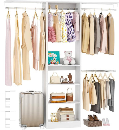 Besiost 48" Closet Organizer System, 4FT Closet System for Small Closets with 4 Hanging Rods & 3 Shelves, 80"H Small Closet Organizers and Storage for Bedrooms, Cloakrooms, White