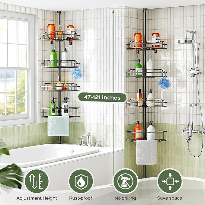HAMITOR Corner Shower Caddy Tension Pole: 4-Tier Rust-Resistant Adjustable Bathroom Organizer Shelves - 47-121 Inch No-Drill Quick Installation - Space-Saving Storage for Renters Families - Black