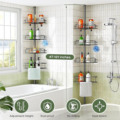HAMITOR Corner Shower Caddy Tension Pole: 4-Tier Rust-Resistant Adjustable Bathroom Organizer Shelves - 47-121 Inch No-Drill Quick Installation - Space-Saving Storage for Renters Families - Black