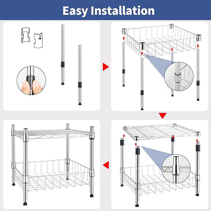 YSSOA 2-Tier Shelving Unit, 15" W x 13.8" D x 15" H Wire Metal Stackable Storage with Basket, Chrome, 2 Pack