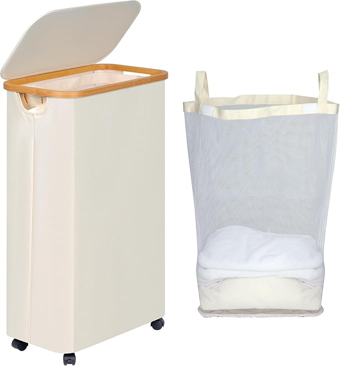 efluky Slim Laundry Hamper with Wheels, Narrow Laundry Basket with Lid and Removable Bag, Aesthetic Dirty Clothes Hamper on Wheels for Laundry Room, Bedroom, Dorm and Bathroom, 75L Beige