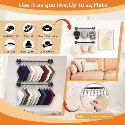 2 Pack Metal Hat Organizer for Baseball Caps with 12 Large Clips, Wall-mounted Hat Rack Holds up to 24 Hats, Hats Hanger Holder for Closet Wall Storage, Fits All Caps Display-Black