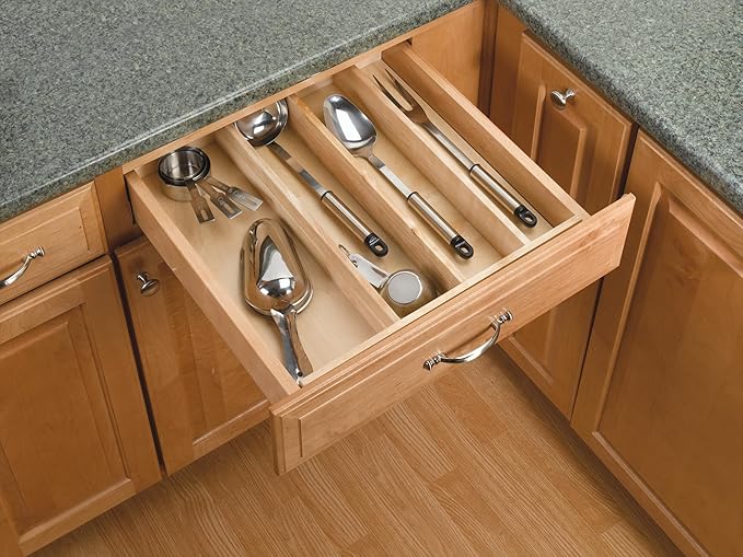 Rev-A-Shelf Trim-to-Fit Silverware Drawer Organizer For Kitchen Utensils, Cutlery Cabinet Storage Divider Insert, 18.5" x 22", Maple Wood, 4WUT-1