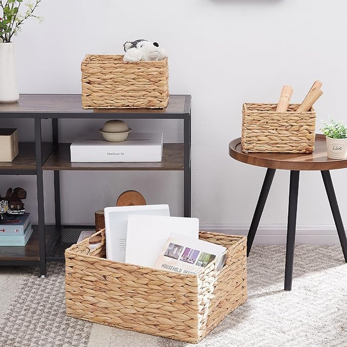 Vagusicc Wicker Basket, 3-Pack Water Hyacinth Wicker Storage Basket with Handles, Storage Baskets for Organizing, Large Hyacinth Storage Baskets for Shelves with Liner (Water Hyacinth Baskets Set)