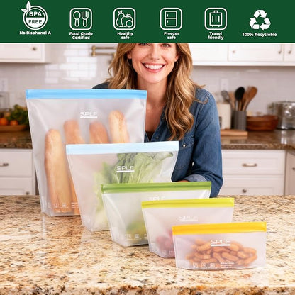 SPLF 6 Pack Stand-Up Reusable 2 Gallon Freezer Bags Dishwasher Safe, Reusable Freezer Bags 2 Gallon, Leakproof BPA Free Food Storage Bags for Marinate Meat, Veggies, Homemade Bread, Snack, Travel Item