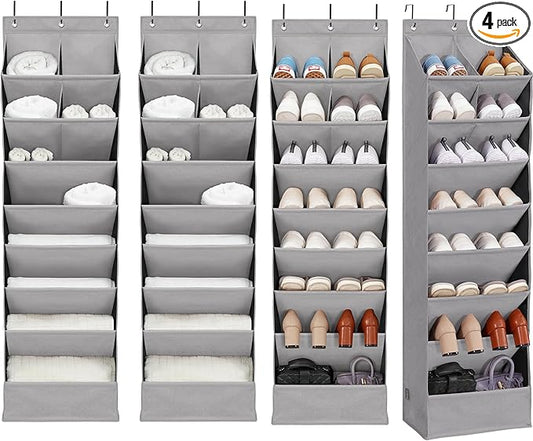 4 Pack Shoe Organizer with 6 Extra Large Pockets and 4 Large Pocket, Over the Door Sturdy Closet Storage Rack, Hanging Shoe Organizer for Shoes, Sneakers, Grey