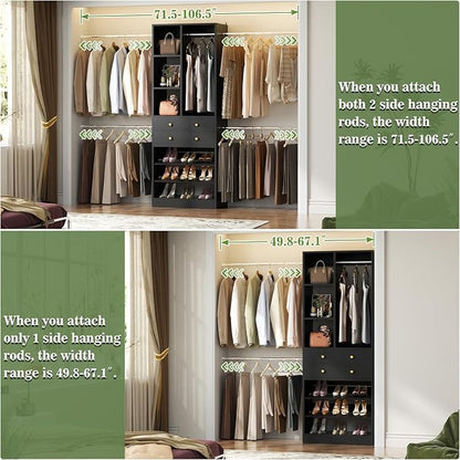 Besiost Closet System, 4.2–8.8 FT Closet Organizer with 2 Wooden Drawers and Shelves, Walk-in Closet System with 5 Hang Rods, Built-in Closet Tower, Can Fit 60 to 96 inch, Black