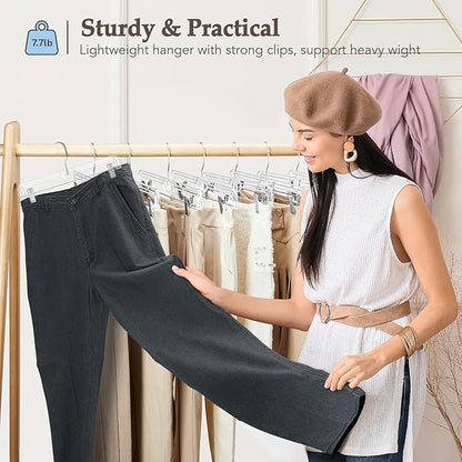 HOUSE DAY Clear Pants Hangers 100 Pack, Non-Slip Plastic Skirt Hanger with 2 Adjustable Clips, Heavy Duty Clip Hangers for Pants, Skirts, Shorts, 14" Clear Hanger, 360-Rotating Swivel Hook