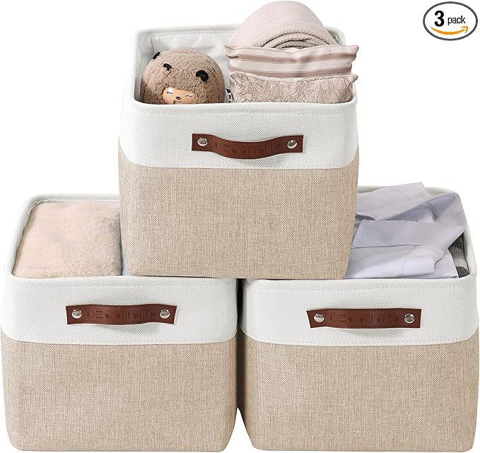 DECOMOMO Storage Bins, Extra Large Fabric Storage Baskets for Shelves, Decorative Linen Closet Organizer, 15.8 x 12.5 x 10 inches (Beige & White, 3 Pack)