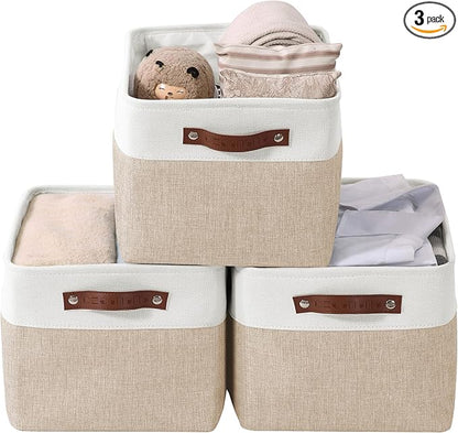 DECOMOMO Storage Bins, Extra Large Fabric Storage Baskets for Shelves, Decorative Linen Closet Organizer, 15.8 x 12.5 x 10 inches (Beige & White, 3 Pack)