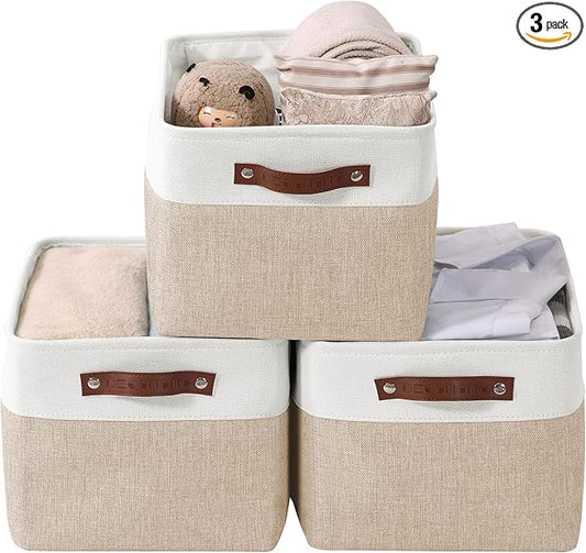 DECOMOMO Storage Bins, Large Fabric Storage Baskets for Shelves, Decorative Linen Closet Organizer, 15 x 11 x 9.5 inches (Beige & White, 3 Pack)