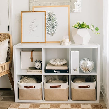 OrganiHaus 16x12.5in Canvas Storage Baskets 3 Pack | EXTRA LARGE Fabric Bins for Shelves | Linen Closet Organizer | Beige/Off-White