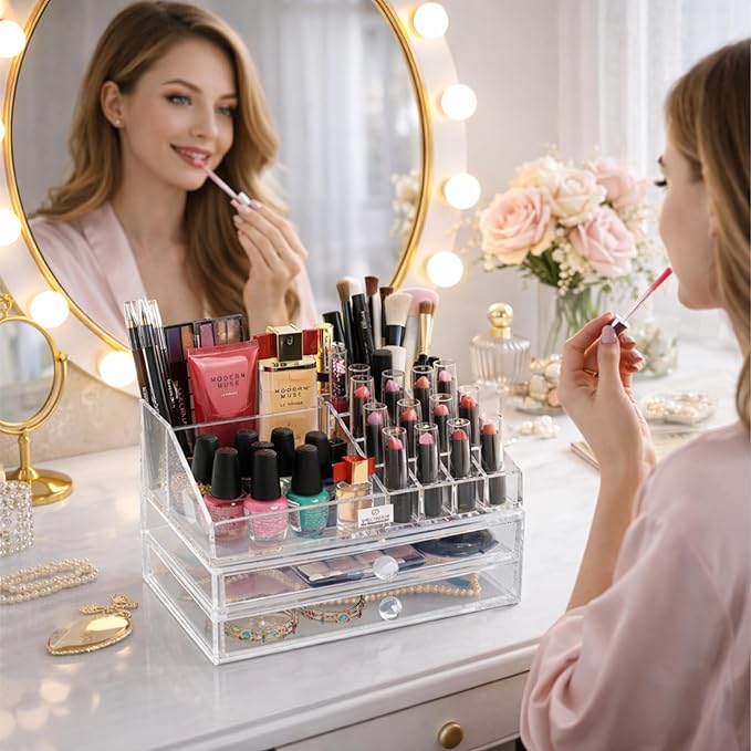 Decozen Makeup Organizer - Vanity Storage with Multiple Compartments and Drawers for Brushes, Lipsticks, Jewelry, Perfect for makeup organizer countertop, makeup holders and organizers, Gift for Mom