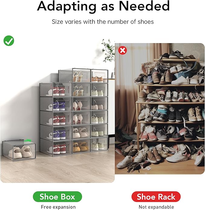 Foluck X-Large Shoe Storage Box, 15 Pack Clear Plastic Stackable Shoe Organizer for Closet, Interlocking Design Shoe Container Bins for Sneakers, Foldable Shoe Rack with Lids, Gray