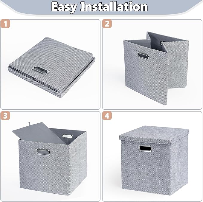 Storage Bins with Lids,13 x 13 Inch Foldable Fabric Cube Baskets Boxes Organizer for Closet, Shelves, and Home. (Gray, (13x13) 4 pack)