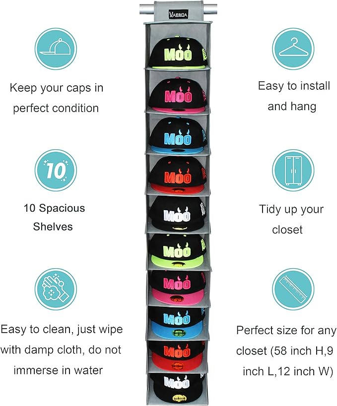 VAESIDA 10 Shelf Hat Rack Hanging Closet/Organizer for Storage - Best Baseball Cap Holder, Gray